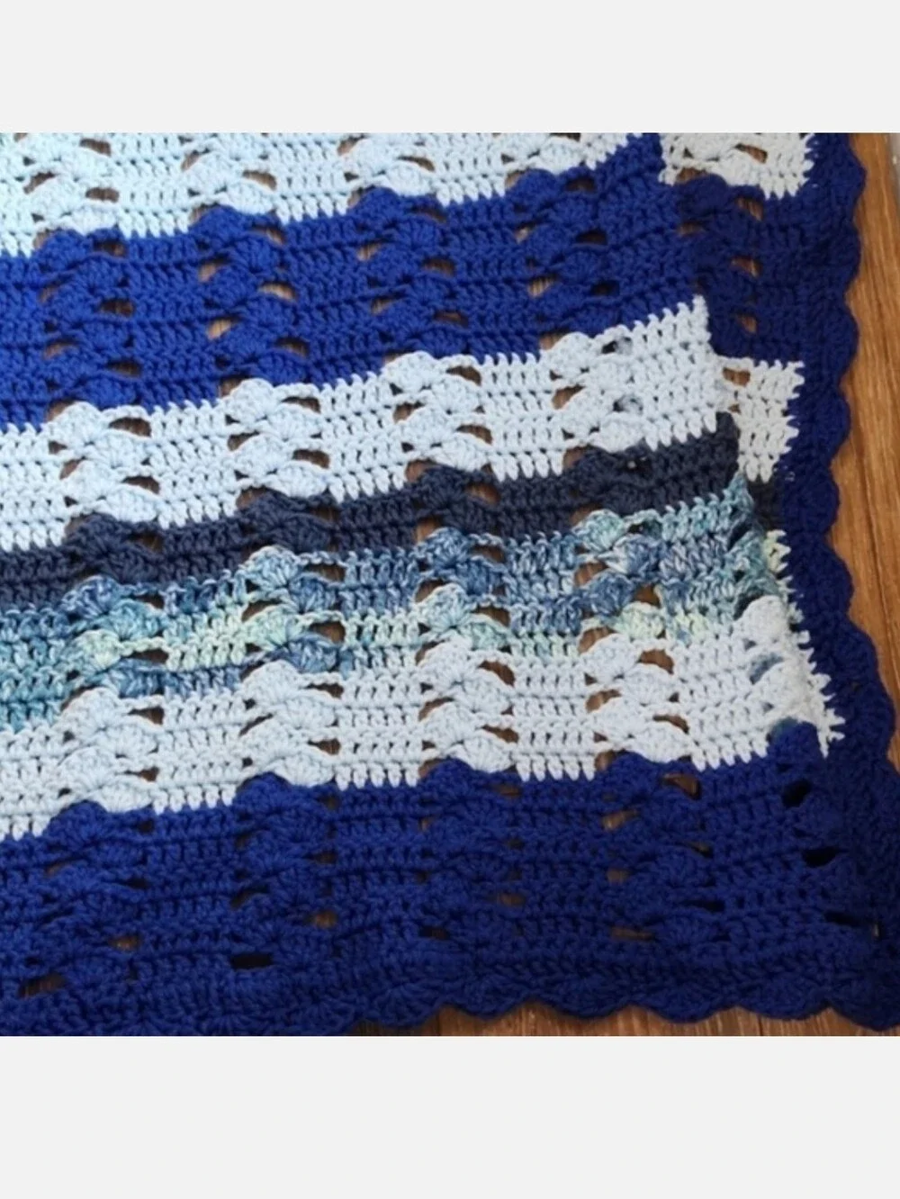 Knitted Crocheted Throw Blanket Blue Stripes